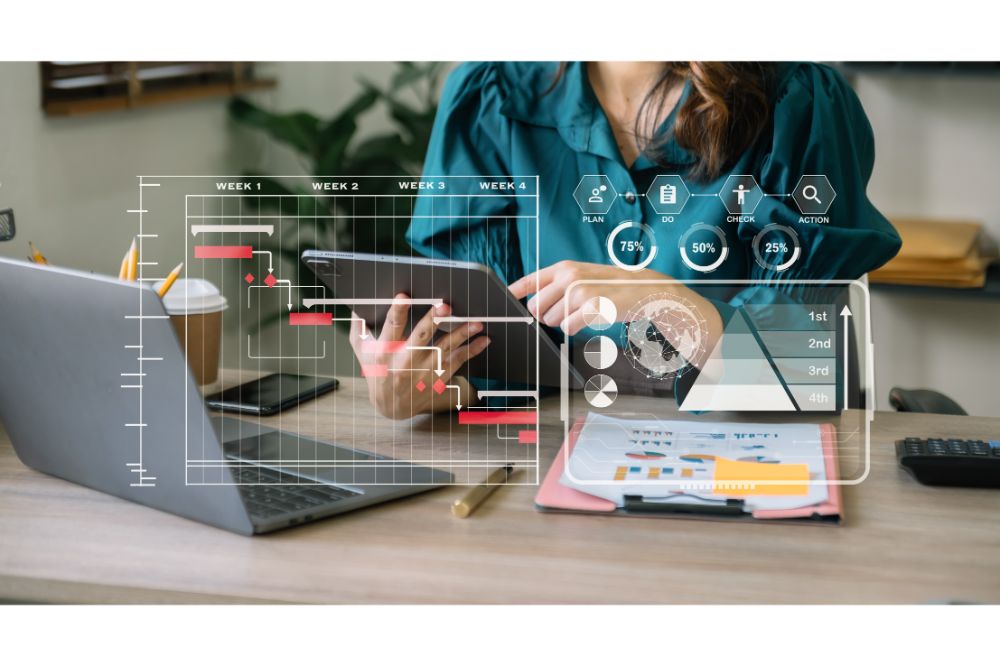 Business woman hand Project manager working and update tasks