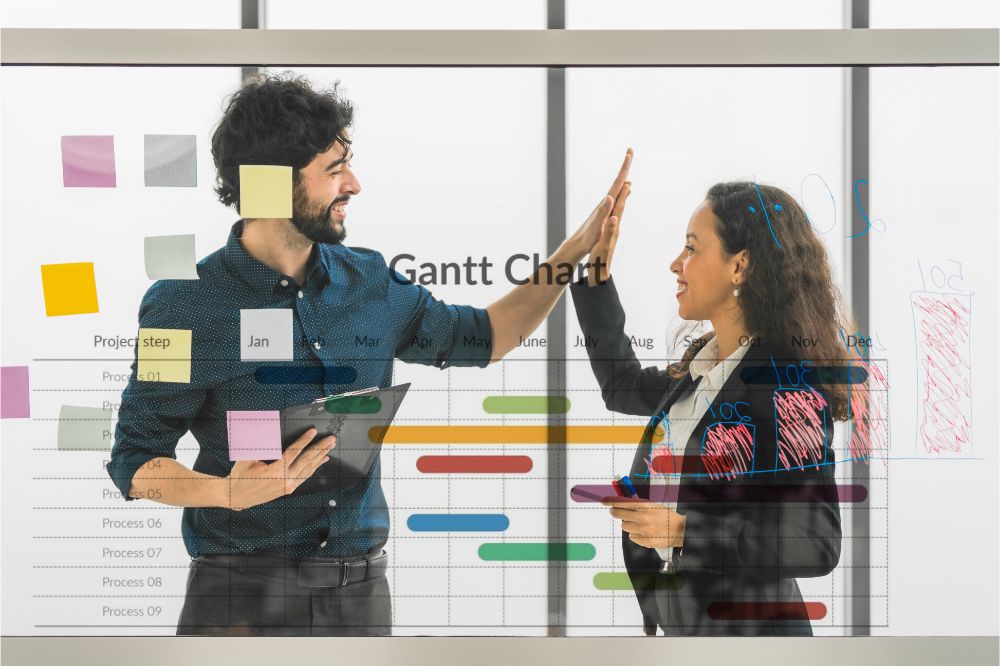 businessperson brainstorming together for project schdule with gantt chart